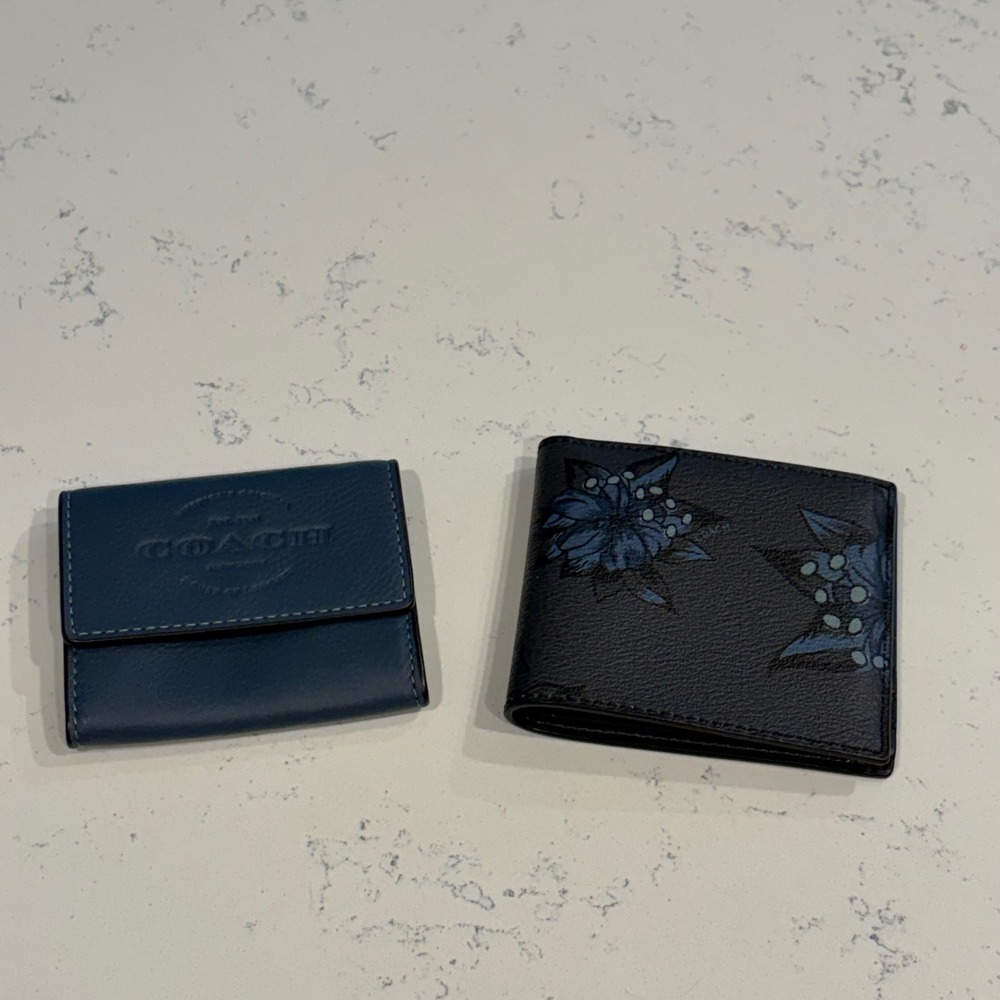Coach Leather Wallet Set Blue Trifold Embossed Logo & Black Floral Bifold